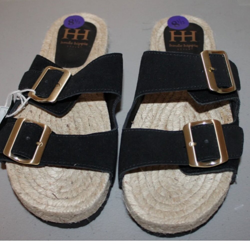 Black Suede Sandals Flats Buckle Straps Shoes 8.5 NWOB Haute Hippee